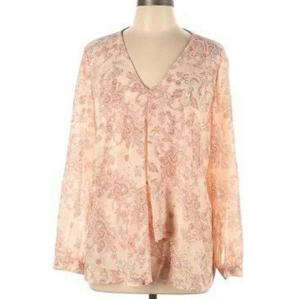 Chicos Peach Paisley Sheer Layered Blouse Long Sleeve Size L / 12 / 14 W…